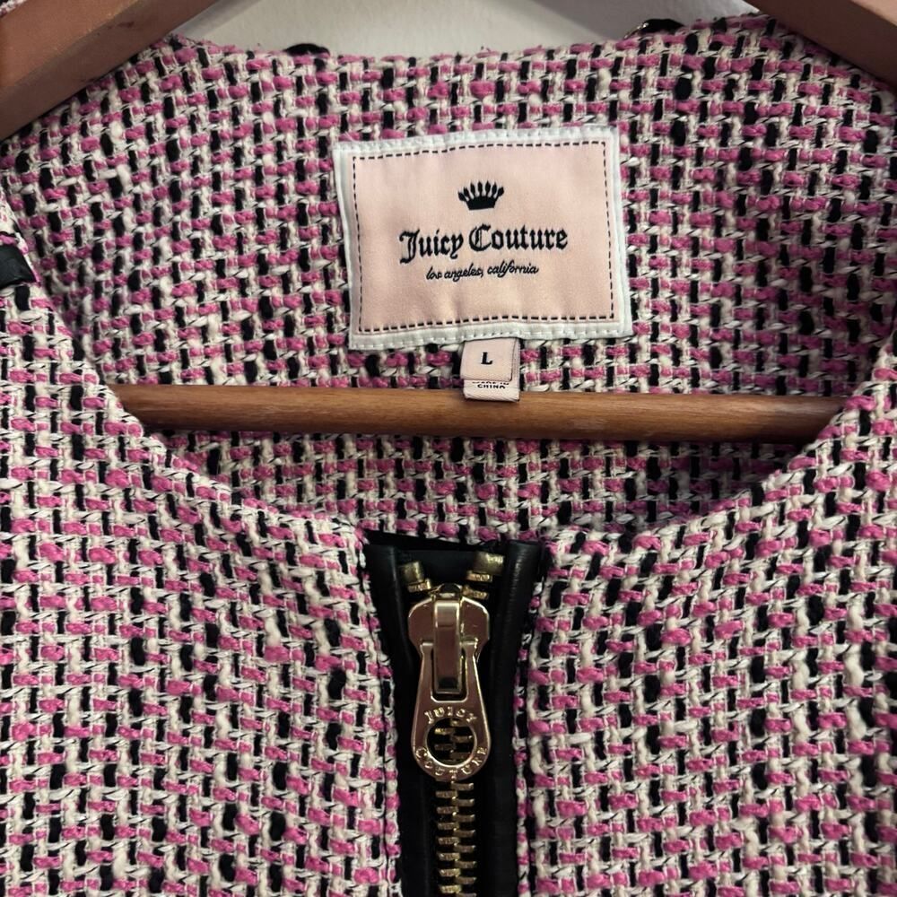 JUICY COUTURE Tweed Zip Jacket Pink Black Cropped Blazer Size L Clueless Y2K - Picture 4 of 9